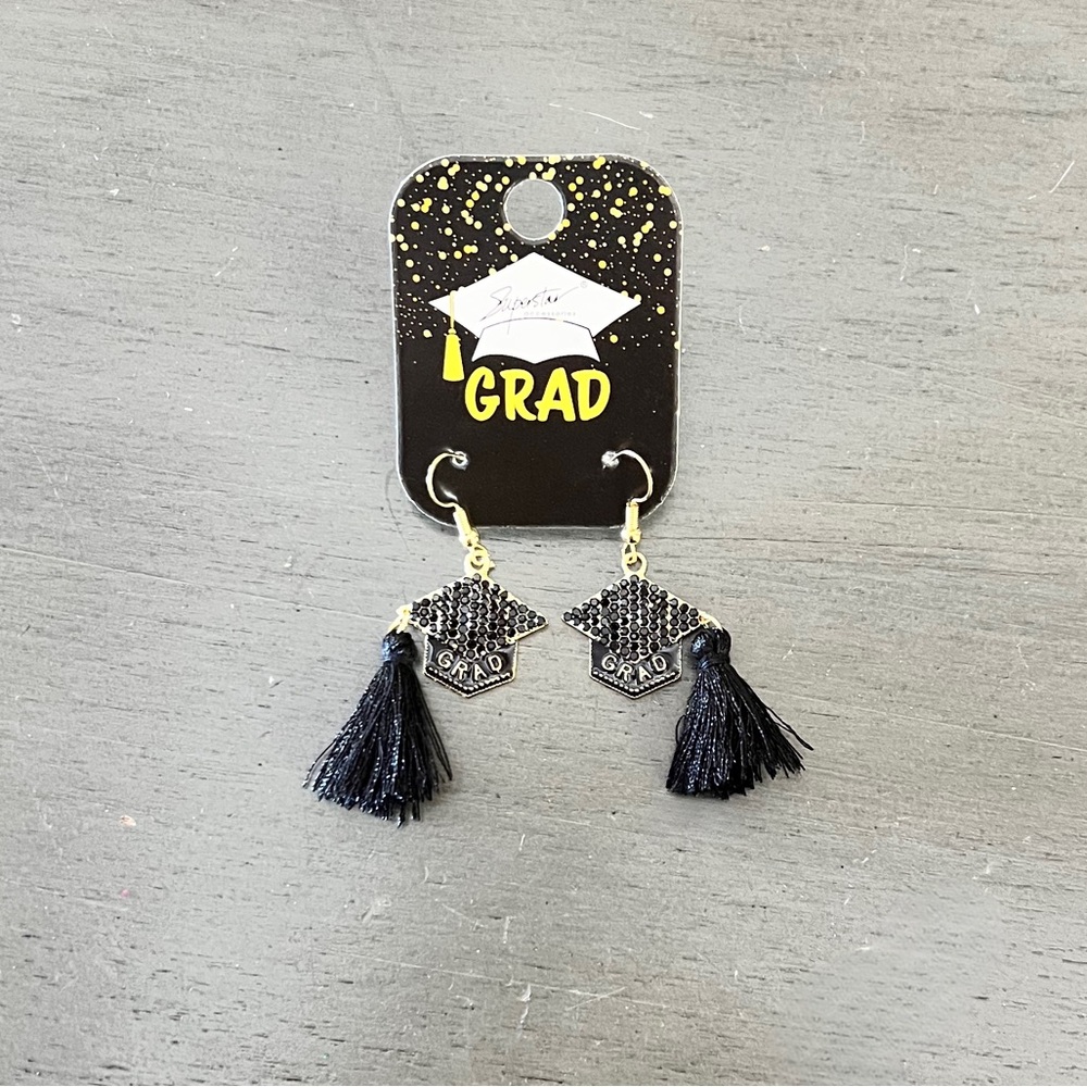 GRAD Graduate Allover Black Rhinestone Gold 2.25" Dangling Earrings High School